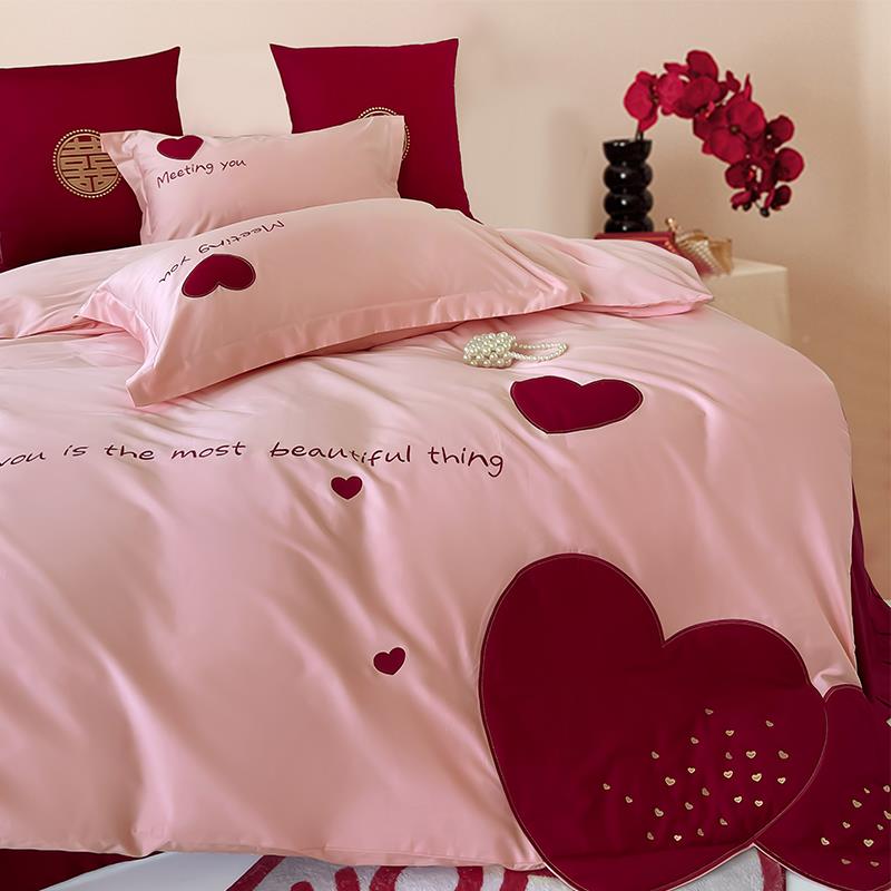 款0894高档棉庆心全棉卧女四件套结婚婚纯刺爱绣被长套绒棉主床少