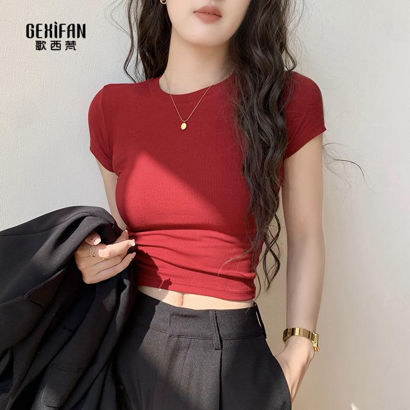 歌西梵短款t恤女正肩短袖2024夏季新款螺紋圓領(lǐng)體恤紅色緊身上衣