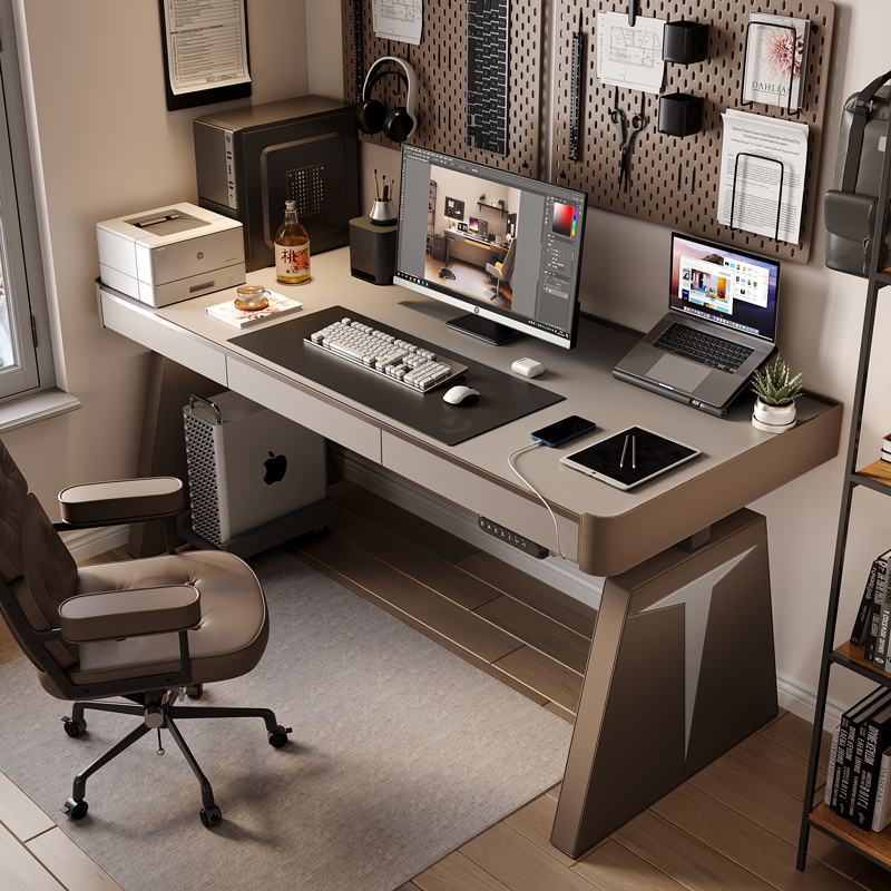 【国内发b货】wzo智能书桌岩板极简设计师马鞍皮电动升降电脑桌