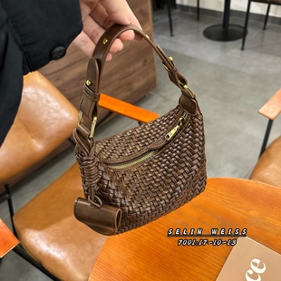 手工編織大容量手提斜跨飯盒包簡約純色小眾設計通勤百搭手拎包