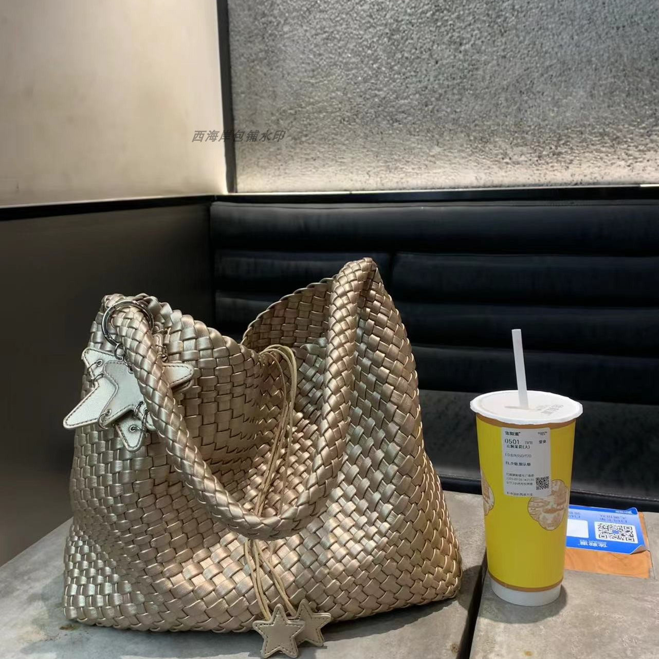 枪枪同款手工编织托特包香槟金