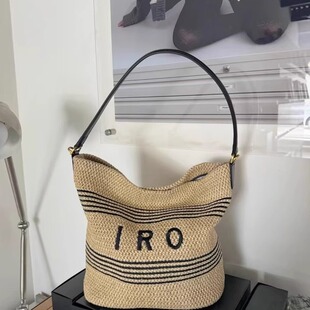 草编水桶包大容量拉菲草编织单肩腋下包度假风沙滩包条纹可斜挎女