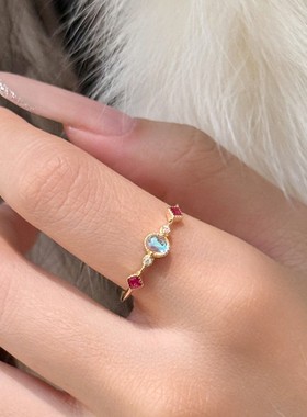 榕树下s925纯银复古新款琉璃彩石戒指女轻奢小众文艺开口指环