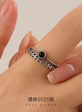 榕树下S925纯银跨境复古黑钻麦穗戒指女冷淡风ins个性泰银食指环