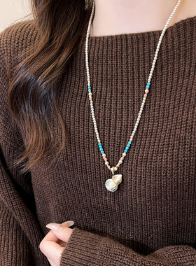 秋冬白色印花葫芦串珠项链小众设计轻奢感毛衣链气质百搭配饰