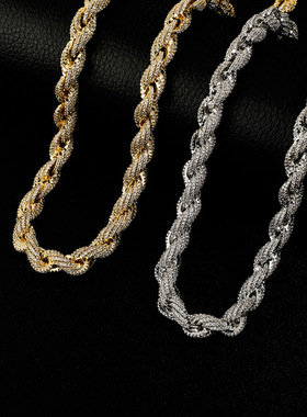 欧美嘻哈男士项链合金镶钻10mm金银色麻花项链新款时尚加粗夸张