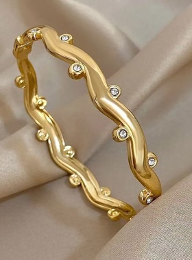 轻奢感轻欧美风波浪花枝镶钻卡扣手镯不锈钢镯子情侣手饰