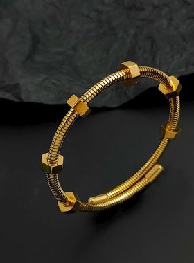 新款欧美创意六角螺母弹力开口手镯钛钢时尚潮流嘻哈手环男女情侣