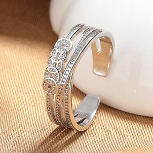 S925纯银五帝钱国潮风小众设计复古戒指钱币开口食指环招财转运女