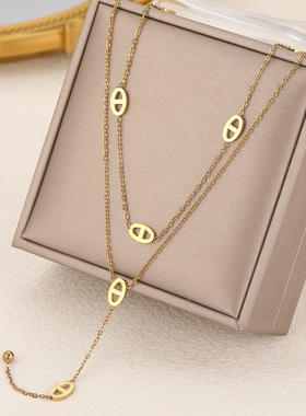 轻奢感双层y形猪鼻子长款钛钢项链女精致个性设计叠戴毛衣链