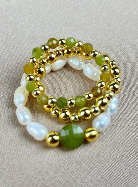 新款天然淡水珍珠女式戒指套装 天然石切面珠子戒指