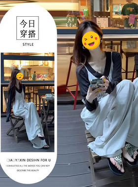 胖东来慵懒风V领烟灰色长袖上衣搭配设计感宽松遮肉显瘦垂感背带