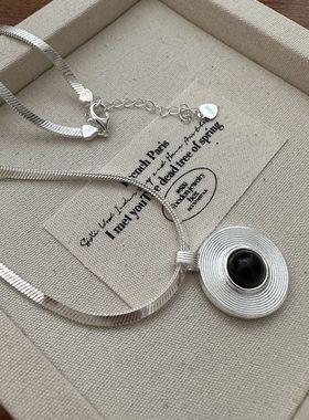 胖东来s925纯银日韩版黑玛瑙项链小众设计ins几何圈圈纹理中古套