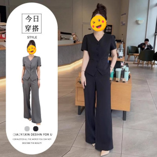 胖东来新款短袖短款两件套西装夏季套装夏装薄款气质职业西服外套