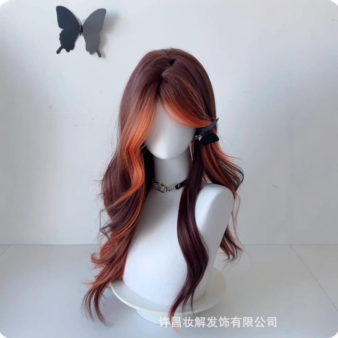 爆款赤狐色挑染长卷发全头套女脏橘红棕刘海染中分大波浪整顶仿真