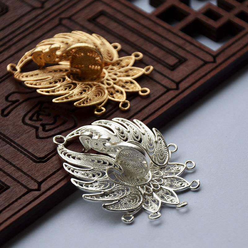 爆款纯铜保色38*49MM吊坠手工花丝镶嵌孔雀发簪发冠璎珞饰品配件