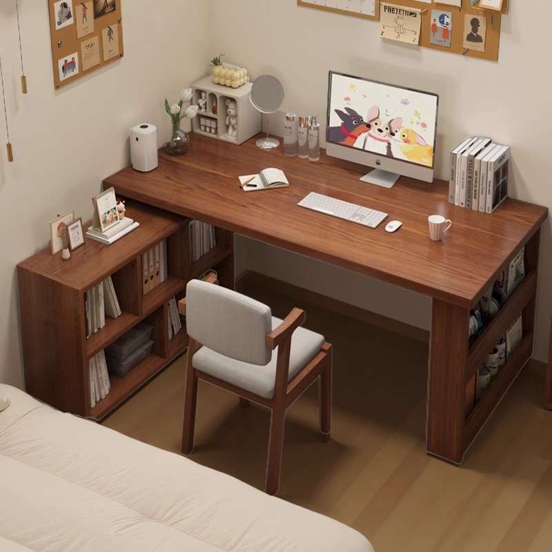 实木转角书桌书架一体电脑桌卧室女生梳妆台l型拐角学习办公桌子