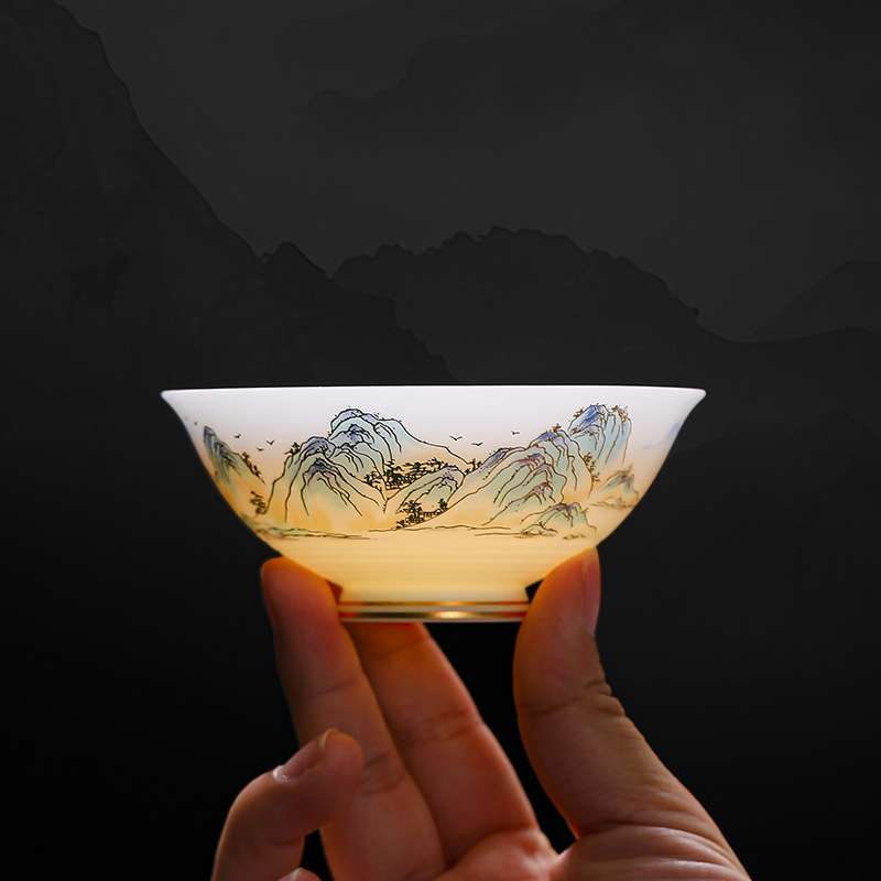 冰种玉瓷千里江山斗笠茶杯薄胎主人杯单杯茶具茶盏陶瓷功夫品茗杯