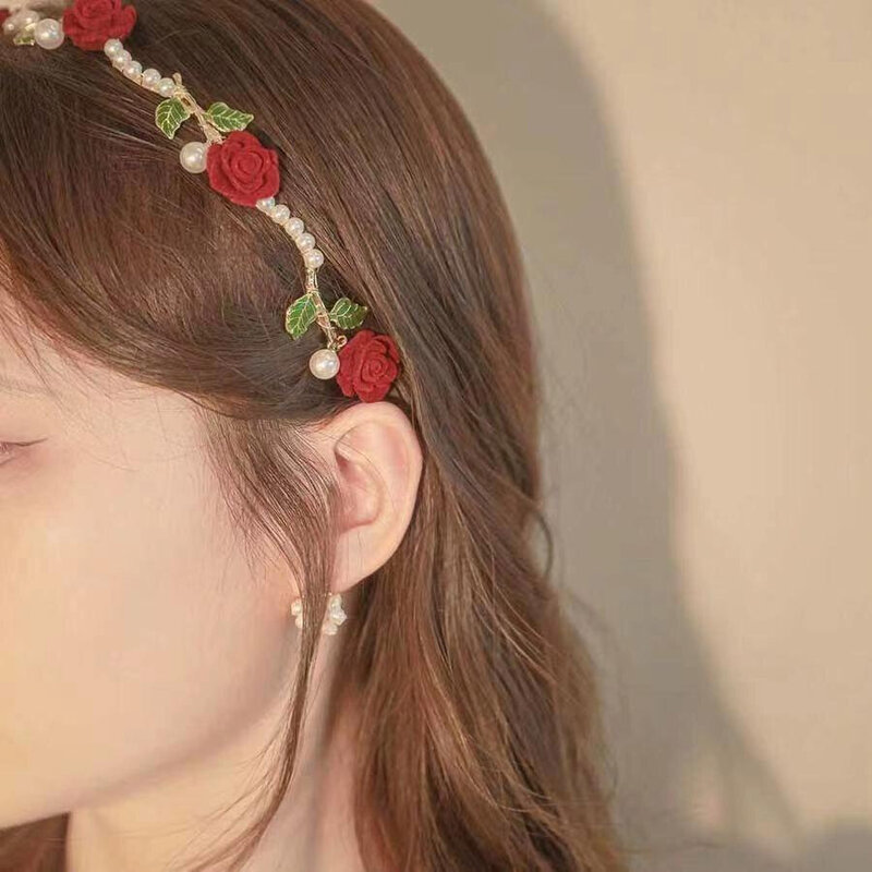 小众高级法式复古红玫瑰干枯花朵发箍新娘头饰女士复古气质头箍
