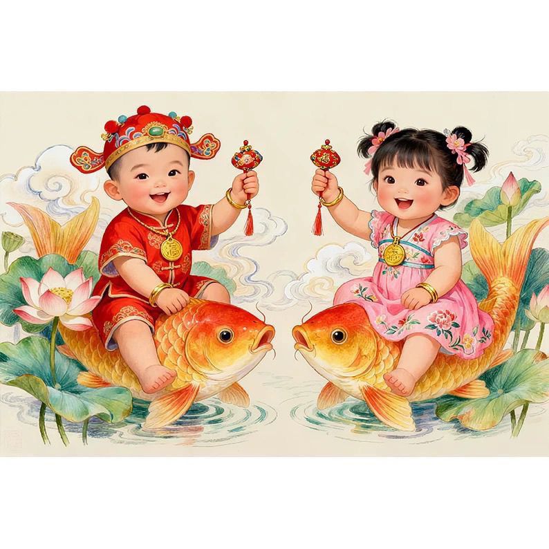 双胞胎备婚怀孕好运装饰画娃娃图自粘贴画 多子多福连年有余年画