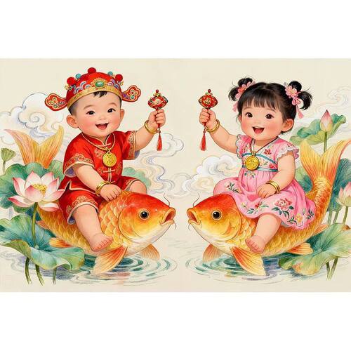 双胞胎备婚怀孕好运装饰画娃娃图自粘贴画 多子多福连年有余年画