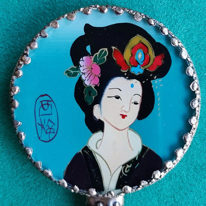 极速80年代宫廷复古中国风景泰蓝柄手持K小镜子纯手绘美人镜汉服