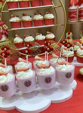 极速婚礼装饰f中式喜庆红色喜字蛋糕插件 甜品台金色铁艺甜品纸杯