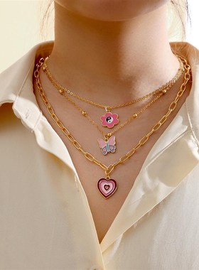 极速Colorful Butterfly Pendant NecklaceT彩色蝴蝶叠戴多层项链