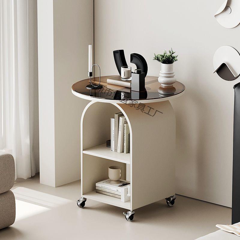 可移动圆形边几客厅沙发小边桌小茶几卧室床头铁艺玻璃带轮小桌子