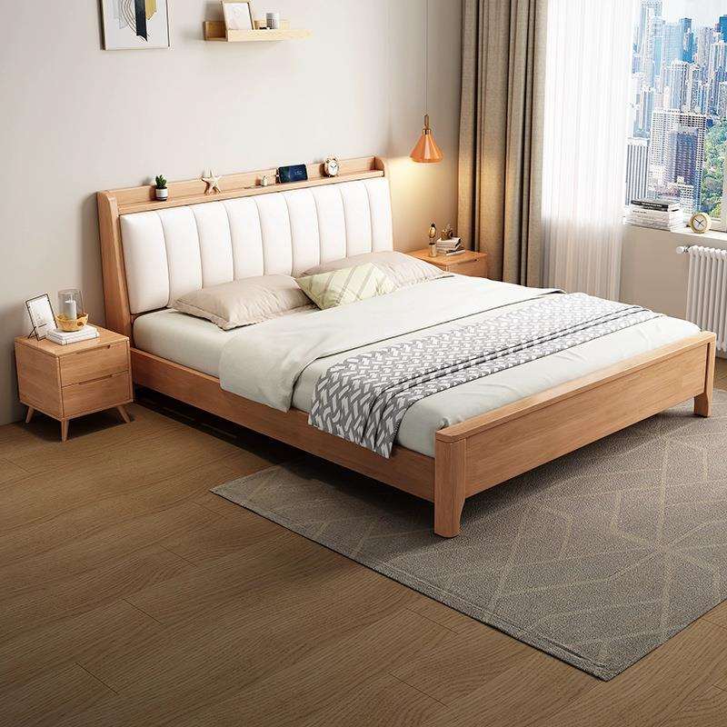 北欧实木床1.8米软靠带夜灯双人床1.5m现代简约小户型高箱储物床