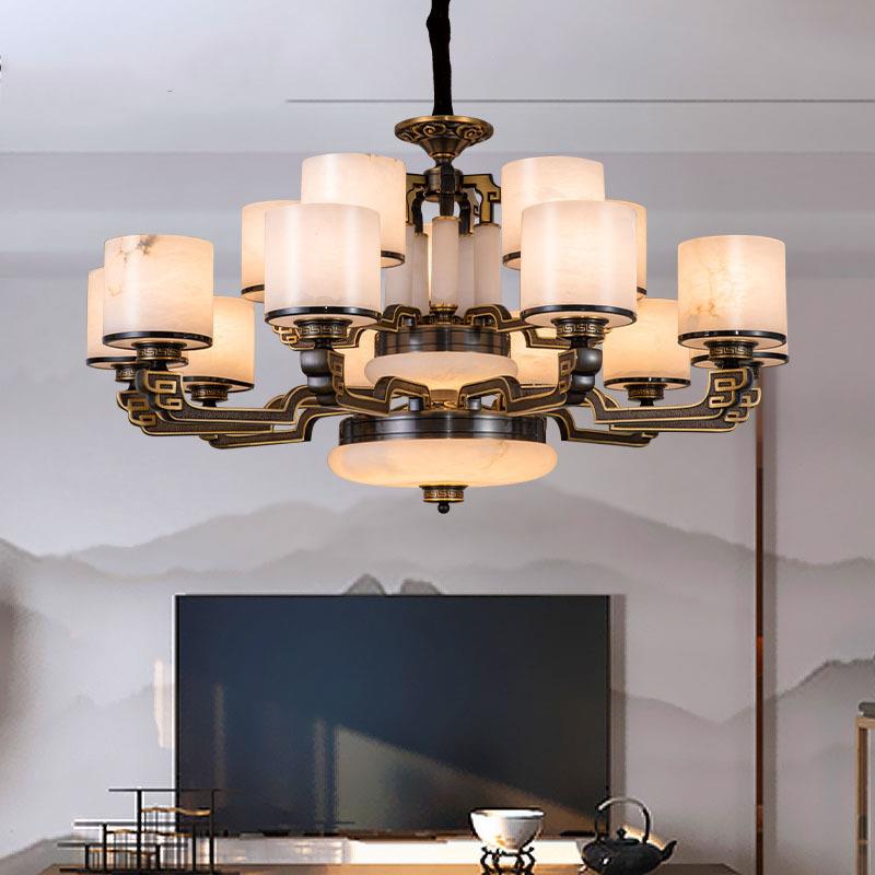 新中式吊灯客厅灯卧室大厅现代中式灯现代简约别墅餐厅全铜云石灯