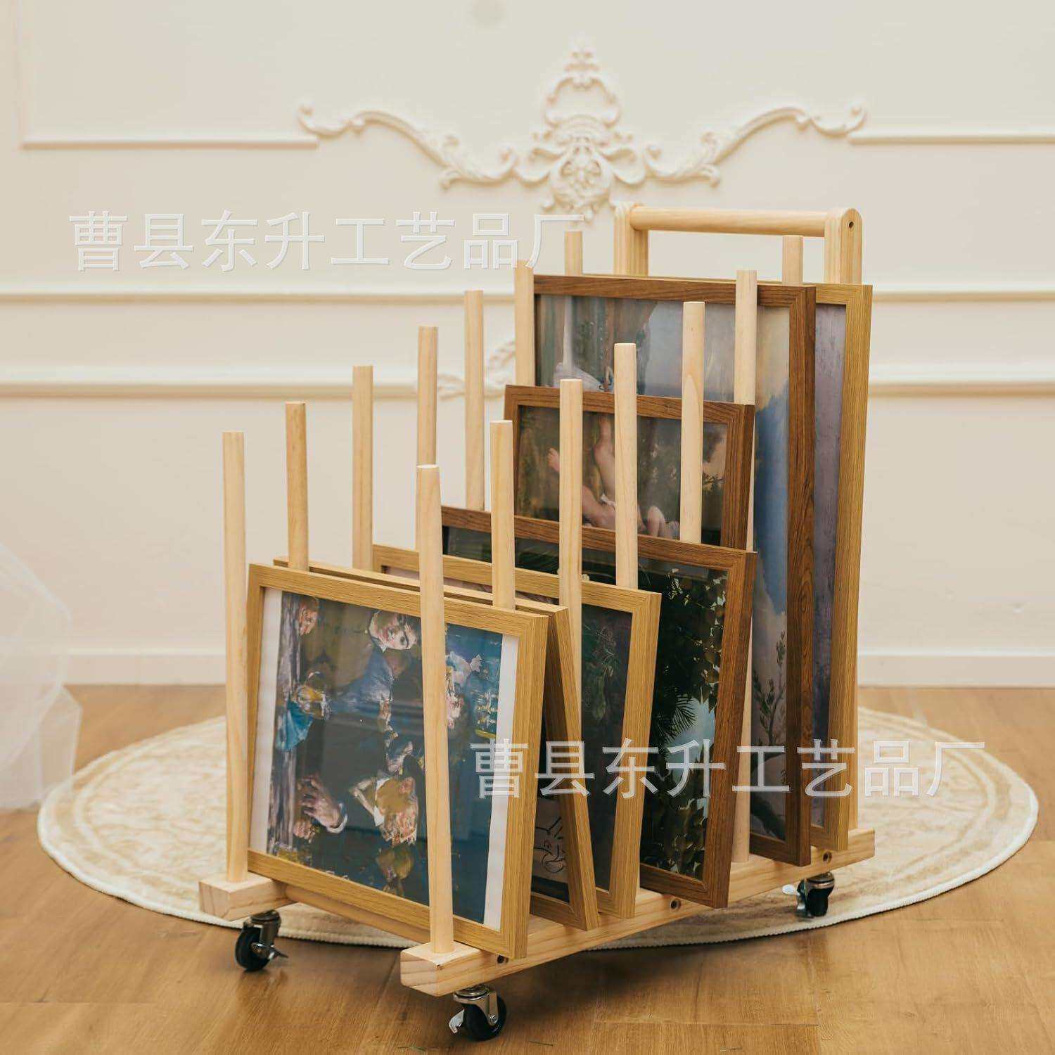 木质画画作品晾干架带轮滑可移动木制画板收纳架油画艺术品储物架