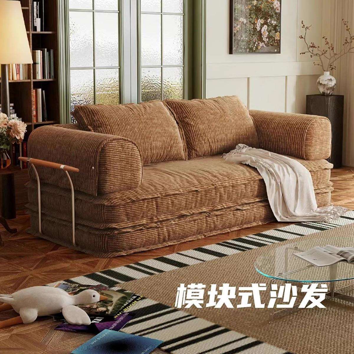 中古风复古风灯芯绒全拆洗布艺沙发床纯海绵无骨架卷包客厅沙发