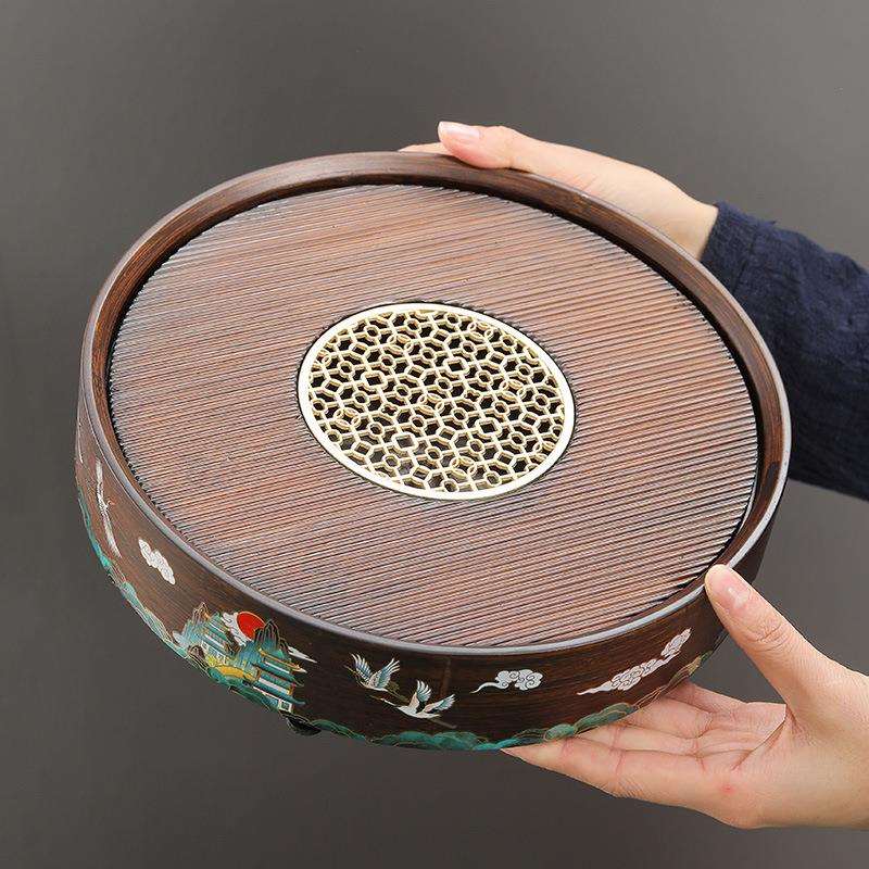 九竹圆形贴花蓄水茶盘楠竹胡桃色功夫泡茶盘家用高档储水茶盘茶具