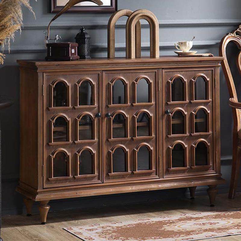 中古风玻璃门防尘储物柜胡桃木色复古玄关柜书房装饰柜家用收纳柜