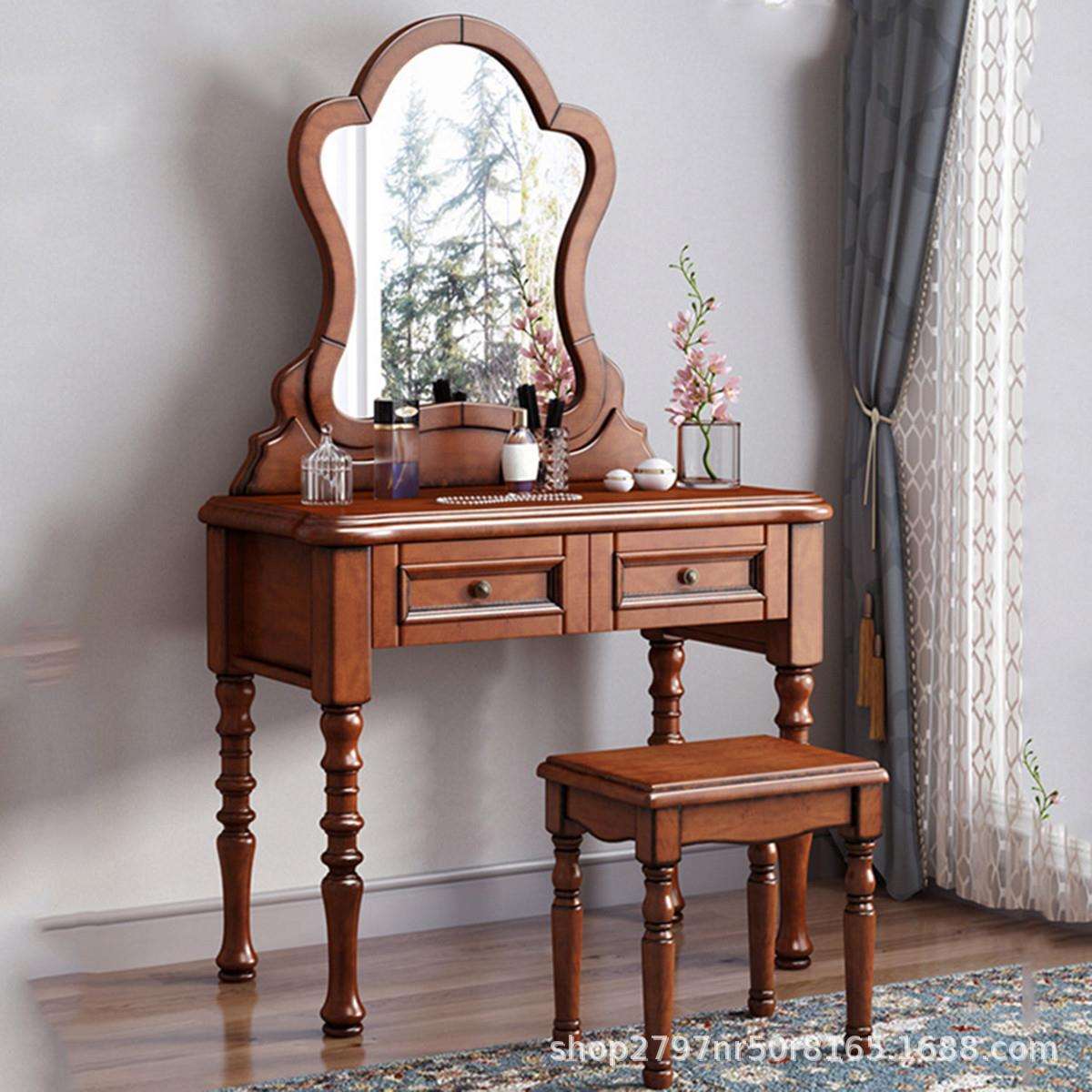 美式实木梳妆台桃花芯木现代简约欧式美式乡村化妆柜带梳妆镜妆凳