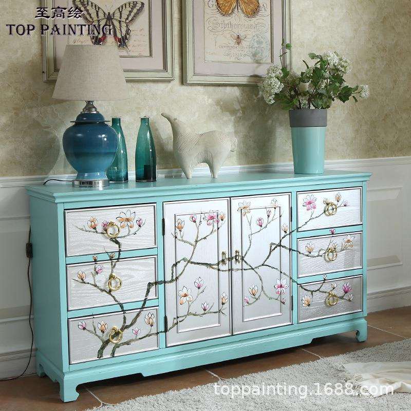 至高新中式家具玄关柜餐边柜实木彩绘欧式六斗两门隔断柜民宿