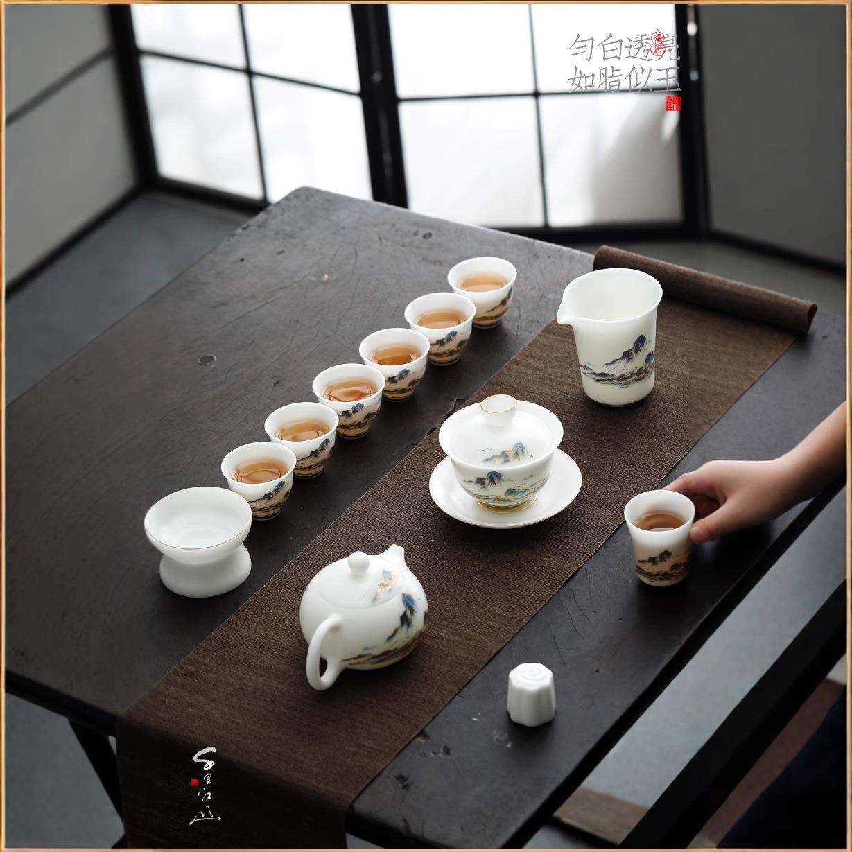 冰种羊脂玉茶具套装泡茶壶家用高档白瓷中式千里江山茶壶茶杯整套