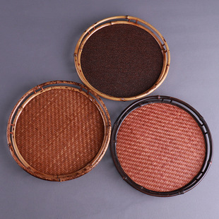 紫竹圆形托盘竹茶台干泡梅鹿竹托盘茶具收纳竹收纳盘斑竹工艺品