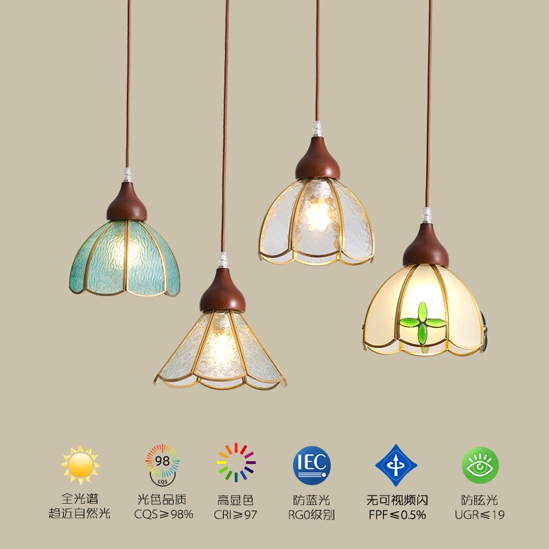 法式餐厅灯单头简约吧台卧室床头吊灯手工描铜复古彩色玻璃小吊灯