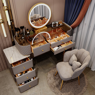 新款梳妆台玻璃轻奢高级感卧室现代简约化妆桌小户型收纳柜一体桌