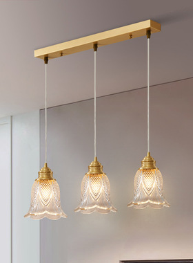 美式轻奢全铜餐厅灯吊灯三头简约现代单头圆盘长条饭厅吧台灯N222