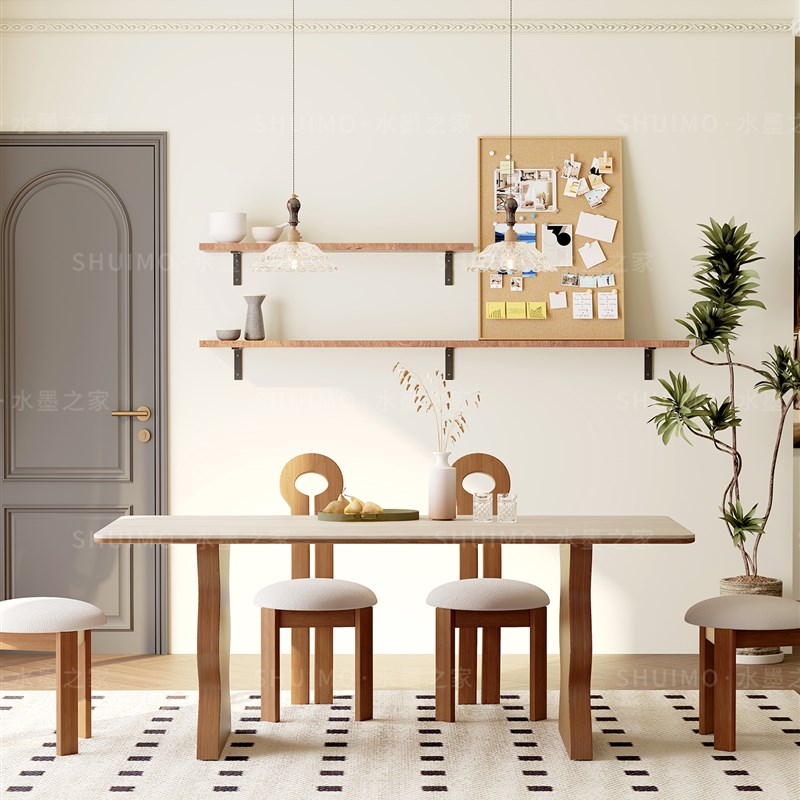 德利丰板岩石灰华法式餐桌家庭小公寓无障F碍豪华奶油半圆形长方