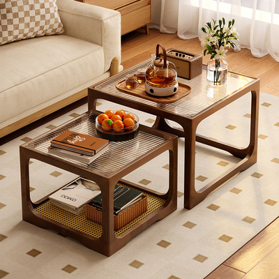 茶几小户型客厅家用2025新款实木沙发边几方形组合阳台藤编小茶桌