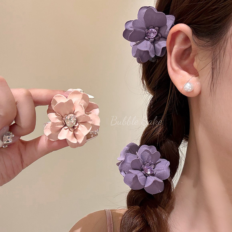 原创【花间星河】超仙紫色闪钻花朵抓夹女碎发侧边刘海夹发卡发饰