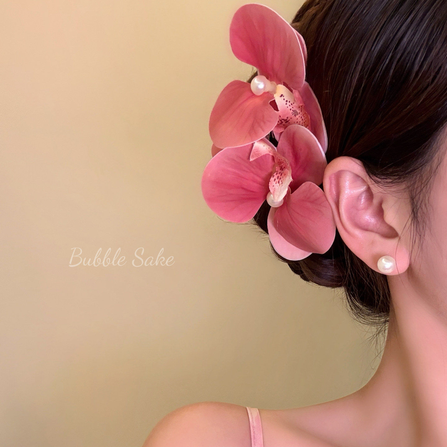 浪漫女一 超仙氛围感粉色蝴蝶兰发夹海边度假风侧边夹子头花发饰