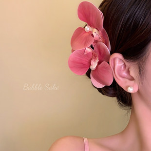 浪漫女一 超仙氛围感粉色蝴蝶兰发夹海边度假风侧边夹子头花发饰