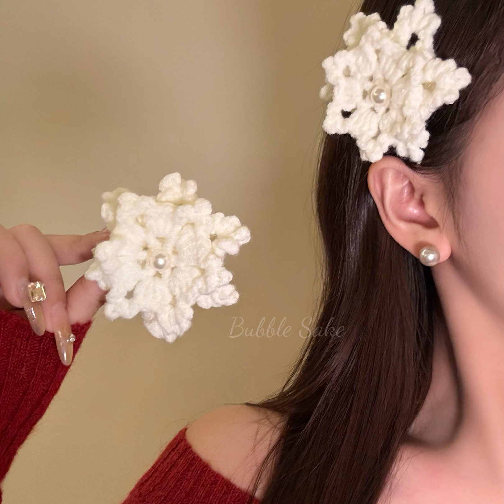 雪淞恋人 氛围感白色珍珠雪花毛线发夹女bb边夹刘海夹子发卡发饰,饰品/流行首饰/时尚饰品新,发饰,淘宝优惠券,粉丝福利购,淘宝优惠卷