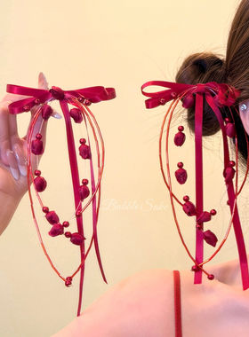 年味浓~氛围感红色飘带蝴蝶结发夹女可爱刘海侧边夹发卡新年发饰
