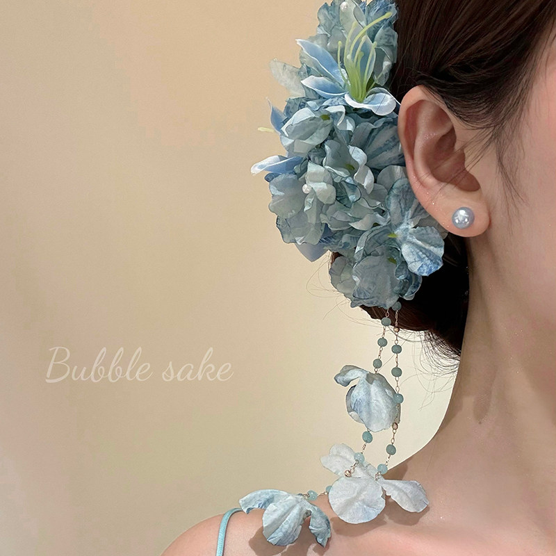 原创【淡蓝花海】氛围感蓝色花朵流苏发夹女侧边夹发饰度假风配饰